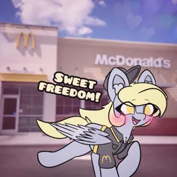 Size: 4096x4096 | Tagged: safe, artist:sodapop sprays, derpibooru import, part of a set, derpy hooves, pegasus, pony, series:derpy can't catch a break, blushing, chest fluff, clothes, ear fluff, eye clipping through hair, fast food, food, freckles, image, long hair, mcdonald's, meme, png, ponytail, running, solo, text