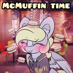 Size: 4096x4096 | Tagged: safe, artist:sodapop sprays, derpibooru import, part of a set, derpy hooves, pegasus, pony, series:derpy can't catch a break, blushing, chest fluff, clothes, ear fluff, eye clipping through hair, fast food, food, freckles, image, long hair, mcdonald's, mcmuffin, meme, png, solo, text