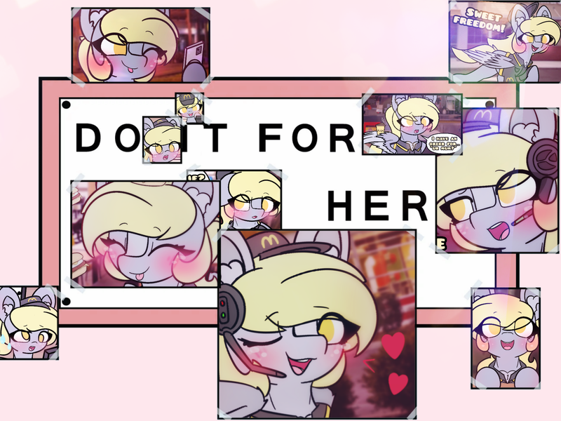 Size: 4096x3072 | Tagged: safe, artist:sodapop sprays, derpibooru import, part of a set, derpy hooves, pegasus, pony, series:derpy can't catch a break, blushing, chest fluff, clothes, do it for her, ear fluff, exploitable meme, eye clipping through hair, fast food, food, freckles, image, long hair, mcdonald's, meme, png, solo, text