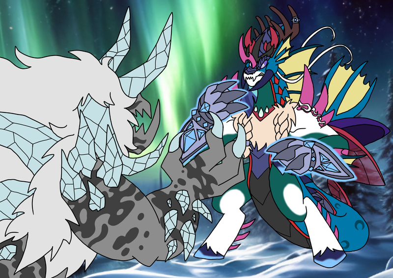 Size: 1414x1000 | Tagged: safe, artist:zetikoopa, derpibooru import, pharynx, shining armor, oc, oc:bass thunder, oc:odysseus, changedling, changeling, them's fightin' herds, g4, community related, fight, fusion, gauntlet, image, male, monster, monster shining armor, png, prince pharynx, stronghoof hoofstrong (tfh)