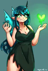 Size: 2323x3422 | Tagged: safe, artist:mylittleyuri, derpibooru import, queen chrysalis, human, alicorn humanization, blushing, breasts, busty queen chrysalis, clothes, cute, cutealis, dress, fangs, female, green background, heart, horn, horned humanization, humanized, image, magic, png, simple background, winged humanization, wings
