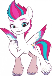 Size: 1465x2160 | Tagged: safe, derpibooru import, official, zipp storm, pegasus, pony, g5, colored wings, female, image, looking at you, mare, multicolored wings, png, raised hoof, simple background, smiling, solo, spread wings, transparent background, wings