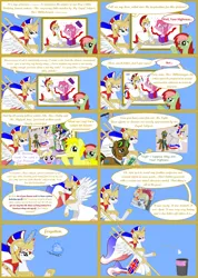 Size: 2562x3608 | Tagged: safe, artist:askbritanniamlp, derpibooru import, dinky hooves, oc, oc:after eight, oc:bibliodragon, oc:britannia, oc:skylark, alicorn, pony, ask britannia, alicornified, image, png, race swap, shield, trash can, trident