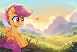 Size: 1600x1095 | Tagged: safe, ai content, derpibooru import, machine learning generated, prompter:massbrainimpact, stable diffusion, scootaloo, day, generator:pony diffusion v6 xl, heart, image, outdoors, png, sitting, sky, smiling, teeth