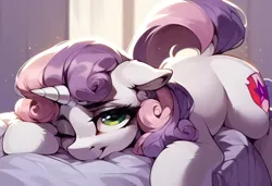 Size: 1600x1095 | Tagged: safe, ai content, derpibooru import, machine learning generated, prompter:massbrainimpact, stable diffusion, sweetie belle, :3, bed, bent over, generator:pony diffusion v6 xl, image, lying down, on bed, one eye closed, png, prone, spread legs, spreading