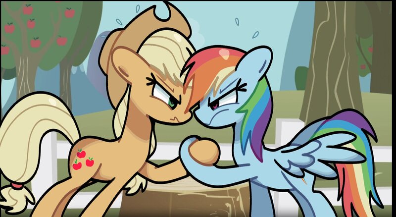 Size: 1459x799 | Tagged: safe, artist:kindakismet, derpibooru import, part of a set, applejack, rainbow dash, earth pony, pegasus, pony, g4, the ticket master, duo, hoofwrestle, image, jpeg, looking at each other, looking at someone, part of a series, scene interpretation, tree stump