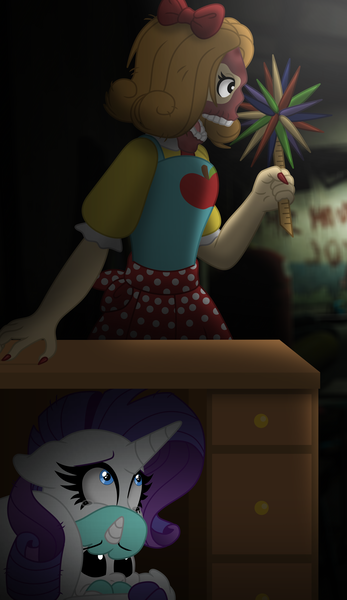 Size: 4878x8432 | Tagged: semi-grimdark, artist:faitheverlasting, derpibooru import, part of a set, rarity, pony, unicorn, g4, absurd resolution, bow, claws, clothes, commission, craftycorn, crayon, crossover, desk, eyebrows, eyebrows visible through hair, female, fetlock tuft, flesh, floppy ears, hair bow, hiding, hooves on mouth, horn, humanoid, image, mace, mare, miss delight, morning star, nightmare face, open mouth, png, polka dots, poppy playtime, ruler, scared, shirt, skirt, smiling critters, story included, teacher, teary eyes, teeth, weapon