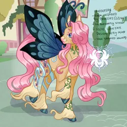 Size: 2048x2048 | Tagged: safe, artist:spideyivy, part of a set, fluttershy, hybrid, pegasus, pony, accessories, alternate cutie mark, alternate design, butterfly wings, colored eyelashes, colored hooves, facial markings, female, image, jpeg, looking offscreen, mare, obtrusive watermark, pale belly, redesign, screencap background, socks (coat marking), solo, text, twitterina design, unshorn fetlocks, watermark, wings