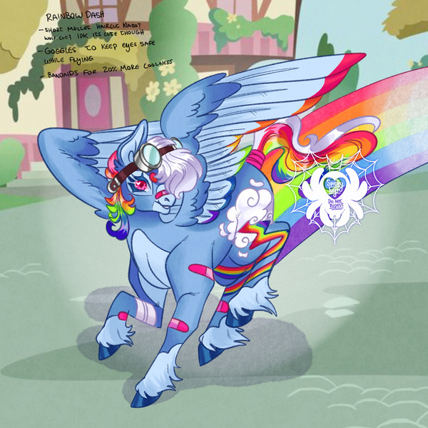 Size: 2048x2048 | Tagged: safe, artist:spideyivy, part of a set, rainbow dash, pegasus, pony, alternate cutie mark, alternate design, bandage, bandaid, blaze (coat marking), colored hooves, colored wings, female, goggles on head, image, jpeg, looking at you, mare, multicolored wings, obtrusive watermark, pale belly, rainbow trail, redesign, screencap background, socks (coat marking), solo, tail wrap, text, twitterina design, unshorn fetlocks, watermark, wings