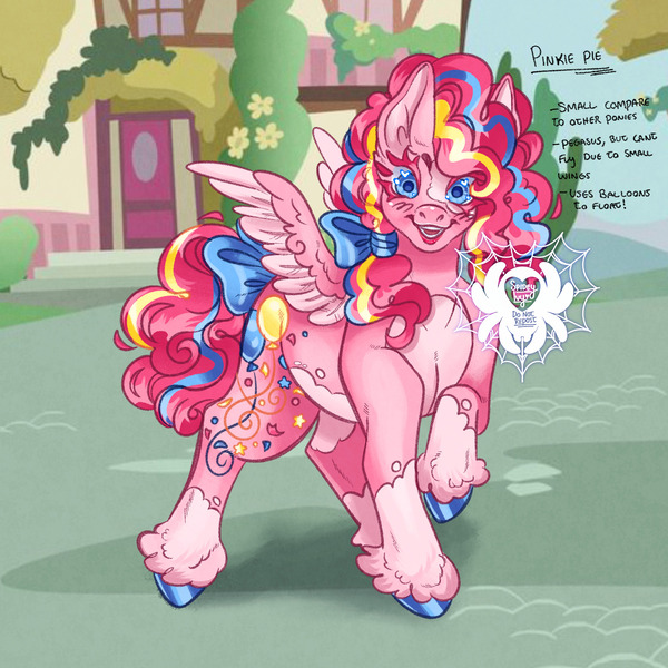 Size: 2048x2048 | Tagged: safe, artist:spideyivy, part of a set, pinkie pie, pegasus, pony, alternate cutie mark, alternate design, bow, colored hooves, colored wings, feathered fetlocks, female, hair bow, image, jpeg, looking at you, mare, obtrusive watermark, pale belly, pegasus pinkie pie, race swap, redesign, screencap background, small wings, smiling at you, solo, tail bow, text, twitterina design, unshorn fetlocks, watermark, wings