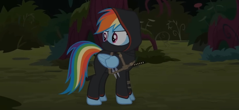 Size: 2340x1080 | Tagged: safe, artist:agrol, derpibooru import, edit, screencap, rainbow dash, pegasus, pony, g4, dagger, forest, hood, image, jpeg, katana, looking around, nature, ninja, solo, sword, tales of adventurers, tree, weapon