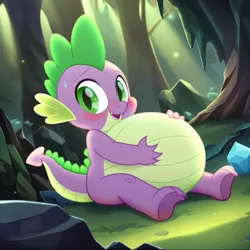 Size: 4096x4096 | Tagged: safe, ai content, derpibooru import, machine learning generated, stable diffusion, spike, dragon, g4, belly, big belly, fat, fat spike, generator:pony diffusion v6 xl, image, male, png, prompter:tgut, solo, stuffed