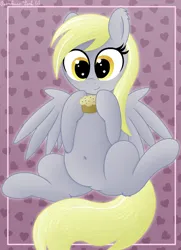 Size: 2776x3830 | Tagged: safe, artist:rainbowšpekgs, derpibooru import, derpy hooves, pegasus, pony, g4, belly, belly button, chubby, cute, derpabetes, female, food, image, mare, muffin, png, sitting, smiling, solo, spread wings, that pony sure does love muffins, wings