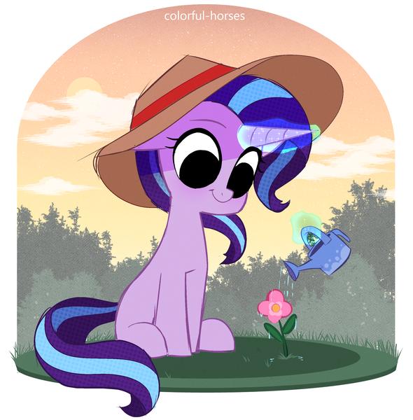 Size: 2295x2335 | Tagged: safe, artist:syrupyyy, derpibooru import, starlight glimmer, pony, unicorn, g4, :t, cottagecore, cute, female, flower, garden, gardening, glimmerbetes, glow, glowing horn, hat, horn, image, levitation, looking at something, magic, magic aura, mare, missing cutie mark, no catchlights, no pupils, outdoors, png, sitting, smiling, solo, sun hat, tail, telekinesis, watering, watering can