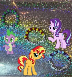 Size: 673x720 | Tagged: safe, artist:lnx1ynight16, derpibooru import, part of a set, spike, starlight glimmer, sunset shimmer, dragon, pony, unicorn, g4, best friends, bracelet, female, horn, image, jewelry, jpeg, kandi, looking at you, male, smiling, trio, wingless spike