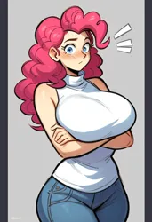 Size: 832x1216 | Tagged: safe, ai content, derpibooru import, machine learning generated, prompter:ilya efimov, stable diffusion, pinkie pie, human, g4, bare shoulders, big breasts, blue eyes, blushing, breasts, busty pinkie pie, clothes, crossed arms, curly hair, denim, eyebrows, eyelashes, female, generator:pony diffusion v6 xl, gray background, huge breasts, humanized, image, jeans, looking at you, pants, pink hair, png, simple background, sleeveless, sleeveless turtleneck, solo, standing, surprised, sweater, turtleneck
