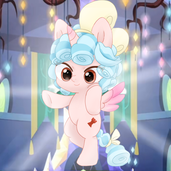 Size: 1080x1080 | Tagged: safe, artist:我的眼睛啊我的眼睛, derpibooru import, cozy glow, alicorn, pony, alicornified, cozycorn, female, filly, foal, golden oaks chandelier, image, png, race swap, screencap background, shining, smiling, solo, tree of memories, twilight's castle