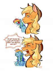 Size: 1536x2048 | Tagged: safe, artist:ebonytails, derpibooru import, applejack, rainbow dash, earth pony, pegasus, pony, g4, 2 panel comic, applejack is not amused, blonde mane, blue coat, comic, cross-popping veins, crying, dialogue, duo, duo female, emanata, female, freckles, frown, i'm not calling you good boy, image, jpeg, looking at someone, mare, meme, multicolored hair, multicolored mane, narrowed eyes, open frown, open mouth, orange coat, orange text, ponified meme, ponytail, profile, rainbow hair, simple background, smiling, smiling at someone, speech bubble, talking, teeth, text, tied mane, unamused, vulgar, white background