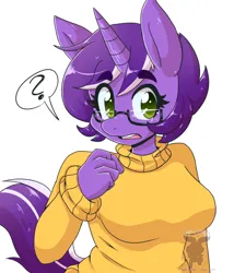 Size: 616x720 | Tagged: safe, artist:mukitsune, derpibooru import, oc, oc:vixen spell, unofficial characters only, anthro, unicorn, big breasts, big horn, breasts, bust, busty oc, clothes, eyebrows, eyelashes, female, female oc, green eyes, horn, image, looking at you, open mouth, png, portrait, question mark, short hair, simple background, solo, speech bubble, sweater, tail, turtleneck, two toned hair, two toned tail, unicorn horn, unicorn oc, white background
