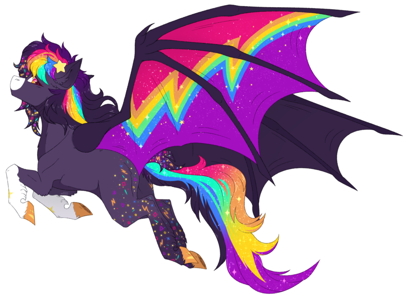 Size: 3867x2847 | Tagged: safe, artist:nocti-draws, derpibooru import, oc, oc:retro rave, unofficial characters only, bat pony, pony, artfight, bat pony oc, bat wings, coat markings, colored eyelashes, colored hooves, colored muzzle, colored wings, facial markings, female, female oc, flying, gift art, gold hooves, hair accessory, hairclip, hooves, image, large wings, looking back, magenta eyelashes, mane accessory, mare, mare oc, multicolored eyes, multicolored hair, multicolored mane, multicolored tail, multicolored wings, no mouth, pixel-crisp art, png, profile, purple coat, rainbow hair, rainbow tail, raised hoof, raised hooves, shiny hooves, shiny mane, shiny tail, simple background, snip (coat marking), socks (coat marking), solo, sparkly mane, sparkly tail, sparkly wings, spread wings, tail, three toned eyes, transparent background, wall of tags, wing markings, wings