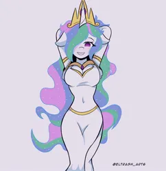 Size: 1984x2048 | Tagged: safe, artist:eltrash_art6, derpibooru import, princess celestia, anthro, arm behind head, blushing, breasts, busty princess celestia, cleavage, clothes, dress, female, grin, high res, image, jpeg, side slit, smiling, solo, wingless, wingless anthro