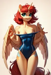 Size: 1200x1754 | Tagged: suggestive, ai content, derpibooru import, generator:autismmixpony, machine learning generated, prompter:massbrainimpact, oc, unofficial characters only, alicorn, anthro, unguligrade anthro, breasts, clothes, image, one-piece swimsuit, png, solo, swimsuit, undressing