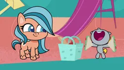 Size: 1280x720 | Tagged: safe, derpibooru import, screencap, unnamed character, unnamed pony, earth pony, pony, cute-pocalypse meow, g4, my little pony: pony life, spoiler:pony life s01e03, baby, baby pony, basket, colt, duo, female, foal, food, image, male, mare, nose in the air, orange zest, picnic basket, png, sandwich
