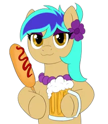 Size: 1823x2091 | Tagged: safe, artist:ligmire, derpibooru import, oc, oc:flowish, unofficial characters only, earth pony, pony, :3, alcohol, beer, beer mug, corn, corndog, derpibooru exclusive, drink, facial freckles, flower, flower in hair, food, freckles, image, jewelry, ketchup, meat, necklace, pearl necklace, png, sauce, sausage, simple background, smug, solo, transparent background