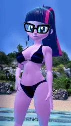 Size: 1080x1920 | Tagged: suggestive, artist:oatmeal!, derpibooru import, sci-twi, twilight sparkle, human, equestria girls, g4, 3d, beach, belly, belly button, bikini, breasts, busty sci-twi, busty twilight sparkle, cleavage, clothes, female, gmod, hand on hip, image, looking at you, png, sexy, solo, solo female, standing, striped bikini, swimsuit, tropical