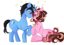 Size: 2279x1616 | Tagged: safe, artist:kyriamask, derpibooru import, oc, oc:color breezie, oc:mysterious science, unofficial characters only, unicorn, couple, duo, duo male and female, female, heart, horn, image, jpeg, looking at each other, looking at someone, male, simple background, white background