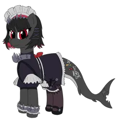 Size: 2037x2109 | Tagged: safe, artist:ligmire, derpibooru import, ponified, pony, clothes, ellen joe (zenless zone zero), fish tail, image, maid, png, red eyes, shark tail, shoes, short hair, simple background, solo, tail, transparent background, zenless zone zero