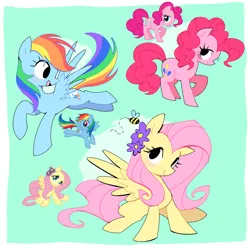 Size: 2500x2500 | Tagged: safe, artist:syrupyyy, derpibooru import, fluttershy, pinkie pie, rainbow dash, bee, earth pony, insect, pegasus, pony, g4, backwards cutie mark, blush sticker, blushing, cute, dashabetes, diapinkes, female, flower, flower in hair, flying, green background, image, mare, no iris, png, shyabetes, simple background, sitting, spread wings, trio, trio female, wings