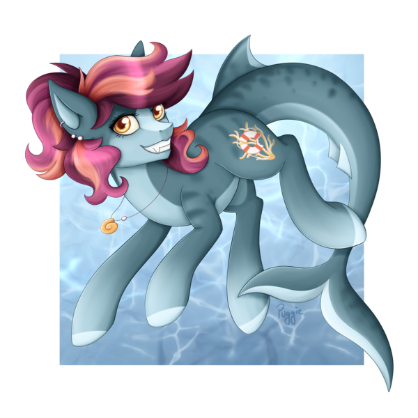 Size: 2048x2048 | Tagged: safe, artist:puggie, derpibooru import, oc, unofficial characters only, hybrid, merpony, original species, pony, shark, shark pony, g4, artfight, blue background, bubble, crepuscular rays, cute, digital art, dorsal fin, female, fin, fins, fish tail, flowing mane, flowing tail, happy, high res, image, jewelry, lidded eyes, looking at you, makeup, male, mare, necklace, ocean, orange eyes, pink mane, png, scales, seashell necklace, seaweed, shark tail, shark teeth, signature, simple background, smiling, smiling at you, solo, sparkles, sunlight, swimming, tail, underwater, water