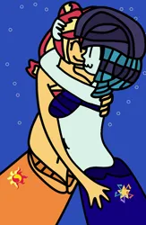 Size: 650x1000 | Tagged: safe, artist:jadeharmony, derpibooru import, coloratura, sunset shimmer, mermaid, equestria girls, g4, bra, bubble, clothes, countess coloratura, cute, cutie mark, eyes closed, fish tail, flowing mane, hand on hip, holding each other, hug, image, kissing, looking at each other, looking at someone, mermaid tail, mermaidized, ocean, png, seashell, seashell bra, sexy, ship:raraset, smiling, smiling at each other, species swap, swimming, tail, underwater, underwear, water