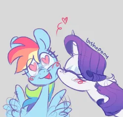 Size: 1345x1284 | Tagged: safe, artist:bishopony, derpibooru import, rainbow dash, rarity, pegasus, pony, unicorn, g4, blue eyeshadow, blush scribble, blushing, bust, cute, daaaaaaaaaaaw, dashabetes, duo, duo female, eye clipping through hair, eyelashes, eyes closed, eyeshadow, female, flapping wings, floating heart, gray background, heart, heart eyes, horn, image, kiss on the cheek, kissing, lesbian, makeup, motion lines, open mouth, open smile, png, requested art, ship:raridash, shipping, signature, simple background, sketch, smiling, spread wings, wingding eyes, wings