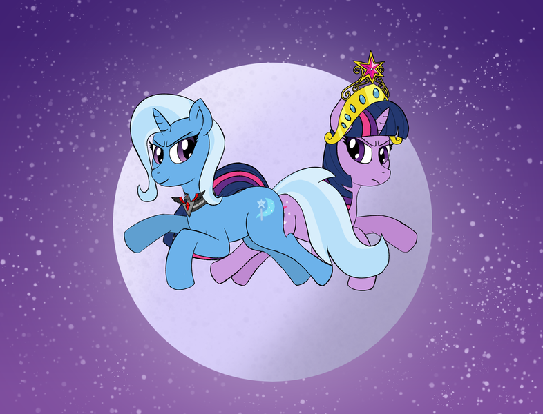 Size: 1974x1506 | Tagged: safe, artist:ligmire, derpibooru import, trixie, twilight sparkle, unicorn, alicorn amulet, angry, big crown thingy, duo, duo female, element of magic, female, horn, image, jewelry, moon, night, png, reference to another series, regalia, smug, sonic the hedgehog (series), stars, unicorn twilight