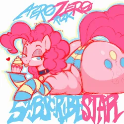 Size: 2000x2000 | Tagged: suggestive, artist:aer0 zer0, derpibooru import, pinkie pie, earth pony, pony, g4, abstract background, advertisement, balloonbutt, bedroom eyes, blue eyes, butt, buttcrack, chubby, clothes, collar, cupcake, curly hair, cutie mark, eyelashes, eyeshadow, fat, food, front view butt, graffiti, heart, huge butt, image, jpeg, large butt, lidded eyes, looking at you, lying down, makeup, name tag, on floor, panties, prone, pudgy pie, side view, smiling, smiling at you, socks, solo, striped panties, striped socks, striped underwear, tail, the ass was fat, thighs, thunder thighs, tongue out, underwear