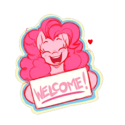 Size: 2000x2000 | Tagged: safe, artist:aer0 zer0, derpibooru import, pinkie pie, earth pony, pony, g4, curly mane, eyes closed, happy, heart, hoof hold, hooves, image, open mouth, open smile, outline, pink mane, png, sign, simple background, smiling, solo, sticker design, transparent background, welcome sign