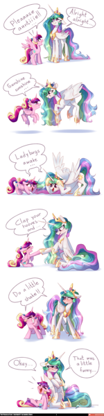 Size: 2894x11559 | Tagged: safe, artist:lummh, artist:shore2020, derpibooru import, princess cadance, princess celestia, alicorn, pony, comic:the princess of love, g4, absurd resolution, aunt and niece, blushing, butt shake, collaboration, comic, crossed hooves, cute, cutedance, cutelestia, daaaaaaaaaaaw, dialogue, duo, duo female, emanata, eye clipping through hair, eyes closed, female, filly, filly cadance, floppy ears, foal, grin, height difference, hoofbump, image, looking at each other, looking at someone, mare, open mouth, open smile, png, signature, simple background, sitting, smiling, smiling at each other, speech bubble, spread wings, sunshine sunshine, tall, wavy mouth, weapons-grade cute, white background, wings, younger