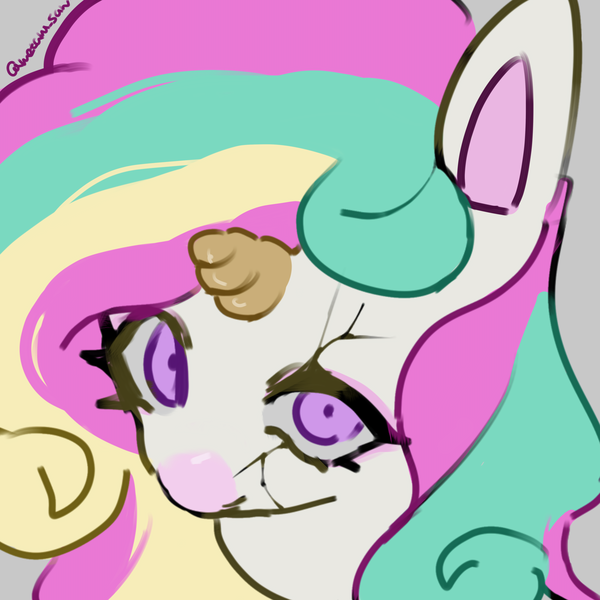 Size: 4096x4096 | Tagged: safe, artist:metaruscarlet, derpibooru import, oc, oc:dreamy parfait, unofficial characters only, pony, unicorn, absurd resolution, bust, coat markings, colored horn, colored pinnae, colored pupils, crack, eyelashes, eyeshadow, facial markings, gray background, horn, image, looking at you, makeup, multicolored mane, no mouth, pink eyeshadow, png, purple eyes, purple pupils, simple background, snip (coat marking), solo, three toned mane, unicorn oc, white coat