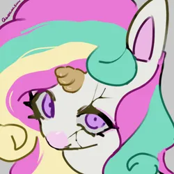 Size: 4096x4096 | Tagged: safe, artist:metaruscarlet, derpibooru import, oc, oc:dreamy parfait, unofficial characters only, pony, unicorn, absurd resolution, bust, coat markings, colored horn, colored pinnae, colored pupils, crack, eyelashes, eyeshadow, facial markings, gray background, horn, image, looking at you, makeup, multicolored mane, no mouth, pink eyeshadow, png, purple eyes, purple pupils, simple background, snip (coat marking), solo, three toned mane, unicorn oc, white coat