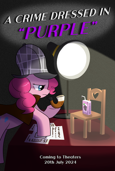 Size: 691x1024 | Tagged: safe, derpibooru import, pinkie pie, earth pony, pony, chair, detective, detective hat, elements of justice, grape juice, image, interrogation, juice, juice box, lamp, light, magnifying glass, pipe, png, poster, solo, table, text, title, title card