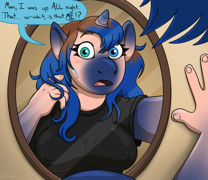 Size: 1280x1106 | Tagged: safe, artist:metallicumbrage, derpibooru import, princess luna, anthro, human, comic, female, human to anthro, image, jpeg, mirror, solo, speech bubble, transformation, transformation sequence