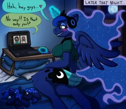 Size: 1280x1106 | Tagged: safe, artist:metallicumbrage, derpibooru import, princess luna, alicorn, anthro, unguligrade anthro, blushing, clothes, comic, computer, female, grin, headphones, human to anthro, image, jpeg, laptop computer, plushie, sitting, smiling, speech bubble, striped underwear, transformation, transformation sequence, underwear, video call