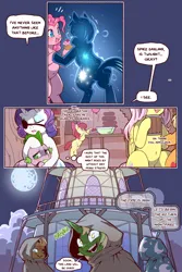 Size: 960x1440 | Tagged: safe, alternate version, artist:cold-blooded-twilight, derpibooru import, apple bloom, applejack, fluttershy, pinkie pie, rarity, spike, twilight sparkle, earth pony, pegasus, pony, unicorn, cold blooded twilight, comic:cold storm, g4, comic, dialogue, glow, glowing eyes, image, png, ponyville town hall, speech bubble, thought bubble, unicorn twilight
