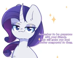 Size: 1200x950 | Tagged: safe, artist:miryelis, derpibooru import, rarity, pony, unicorn, g4, big ears, female, horn, image, looking at you, mare, meme, png, simple background, smiling, smug, solo, sparkles, text, white background