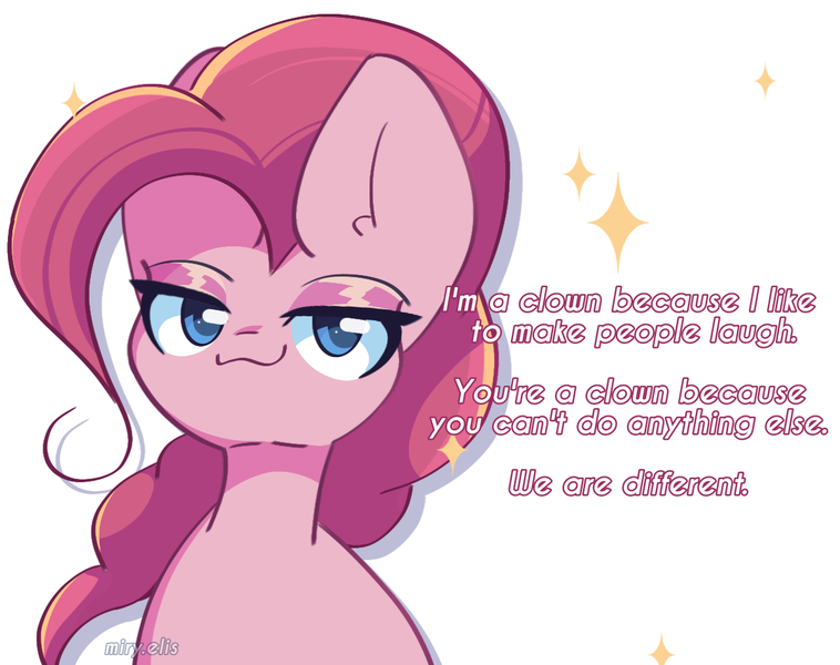 Size: 1200x950 | Tagged: safe, artist:miryelis, derpibooru import, pinkie pie, earth pony, pony, g4, big ears, female, image, looking at you, mare, meme, png, simple background, smiling, smug, solo, sparkles, text, we are not the same, white background