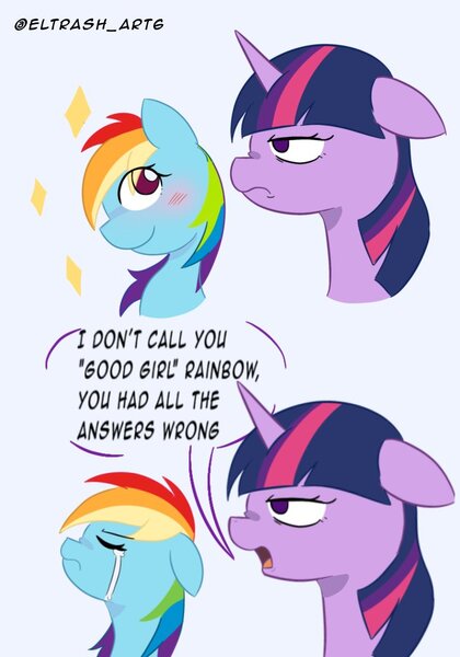 Size: 726x1036 | Tagged: safe, artist:eltrash_art6, derpibooru import, rainbow dash, twilight sparkle, twilight sparkle (alicorn), alicorn, pegasus, pony, g4, 2 panel comic, blushing, comic, crying, duo, duo female, female, i'm not calling you good boy, image, jpeg, mare, meme, open mouth, ponified meme, sad, twilight sparkle is not amused, unamused