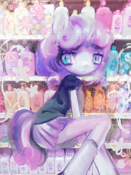 Size: 540x720 | Tagged: safe, artist:ieatedyuripizza, derpibooru import, sweetie belle, anthro, unicorn, clothes, detailed background, female, horn, image, jpeg, shirt, skirt, smiling, soap, solo