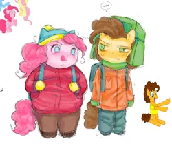 Size: 736x616 | Tagged: safe, artist:ieatedyuripizza, derpibooru import, cheese sandwich, pinkie pie, anthro, earth pony, cheesepie, clothes, cosplay, costume, crossover, duo, duo male and female, eric cartman, fat, female, image, kyle broflovski, male, png, pony reference, pudgy pie, shipping, south park, straight